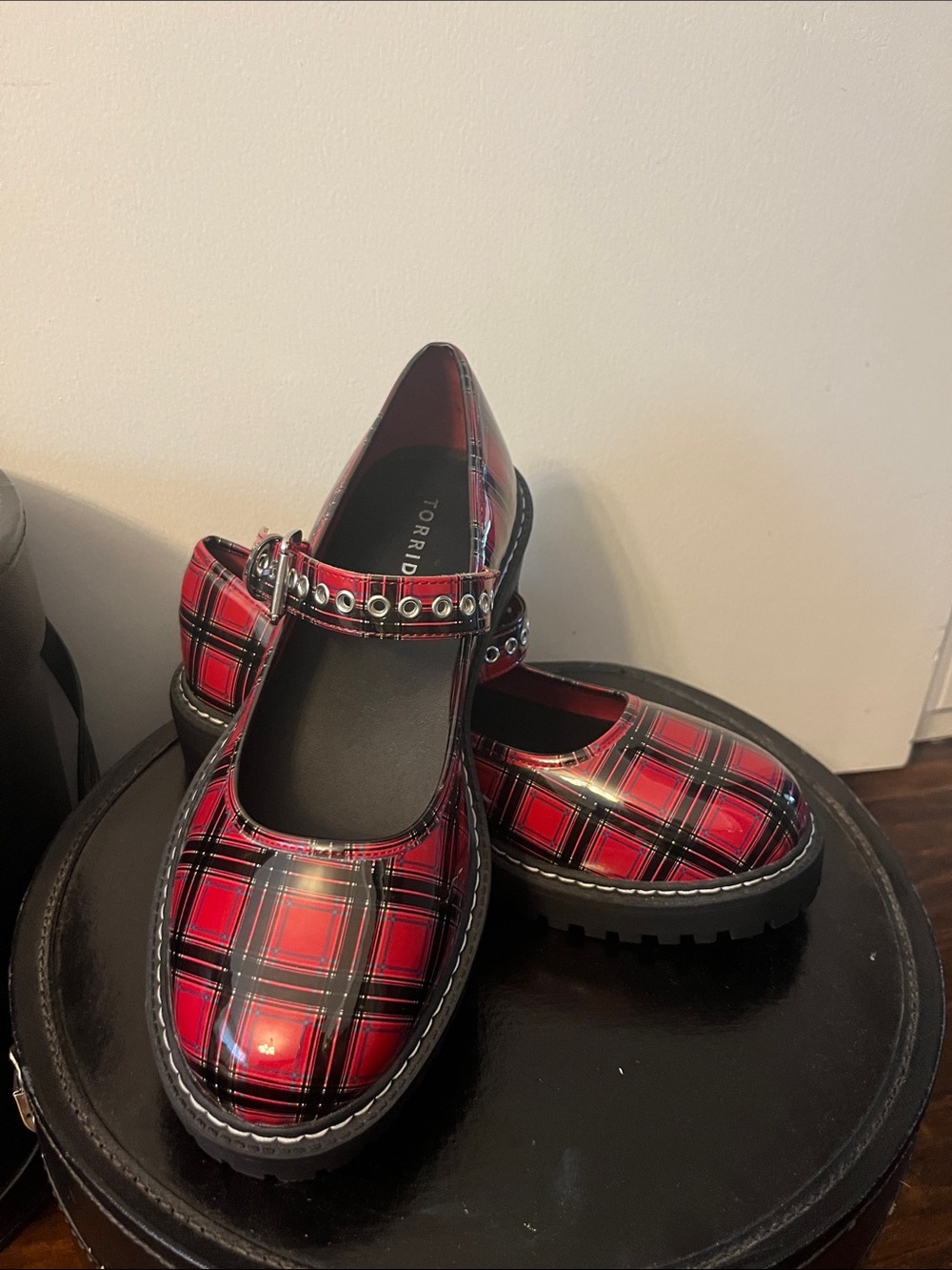 torrid Red Black Plaid Mary Jane Flats with Studded Strap